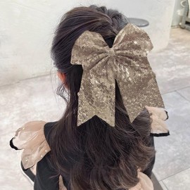 Sequins Hair Bows for Women Girls, Large Bow Clips Glitter Cheer Bowknot Elastic Hair Tie (Champagne, One size)