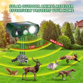 2 PCS Solar Animal Repellent Ultrasonic Deer Repeller Cat Deterrent Outdoor with Motion Sensor & Flashing Light Solar Ultrasonic Repeller Keep Squirrel Rabbit Raccoon Skunk Out of Yard Garden