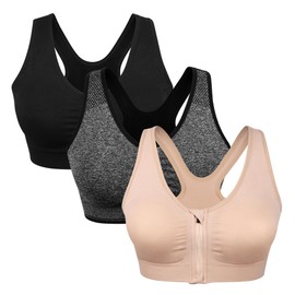 Women's Zip Front Sports Bra Wireless Post-Surgery Bra Active Yoga Sports Bras (XL:Fit 36D,36DD,38C,38D,40B,40C, 3 Pack(Black+Grey+Flesh))