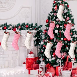 Hungdao 12 Pcs Christmas Stockings Knitted Xmas Socks Rustic Socks Double Sided Fireplace Hanging Stockings Vintage Christmas Socks for Family Christmas Decoration, Pink White(8.3 Inch)