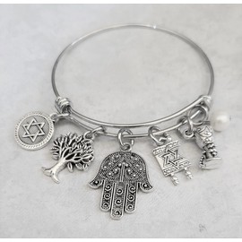 Jewish Pearl Handmade Bracelet on an Expandable Stainless Steel Bangle with Star Of David Tree Of Life Hamsa Torah Shabbat Wine Cup Charms