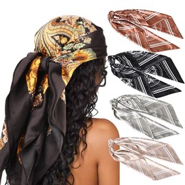 DRESHOW 4 Pack Large Square Satin Headscarves Hair Scarves Silk Accessories Beach Bandanas for Women