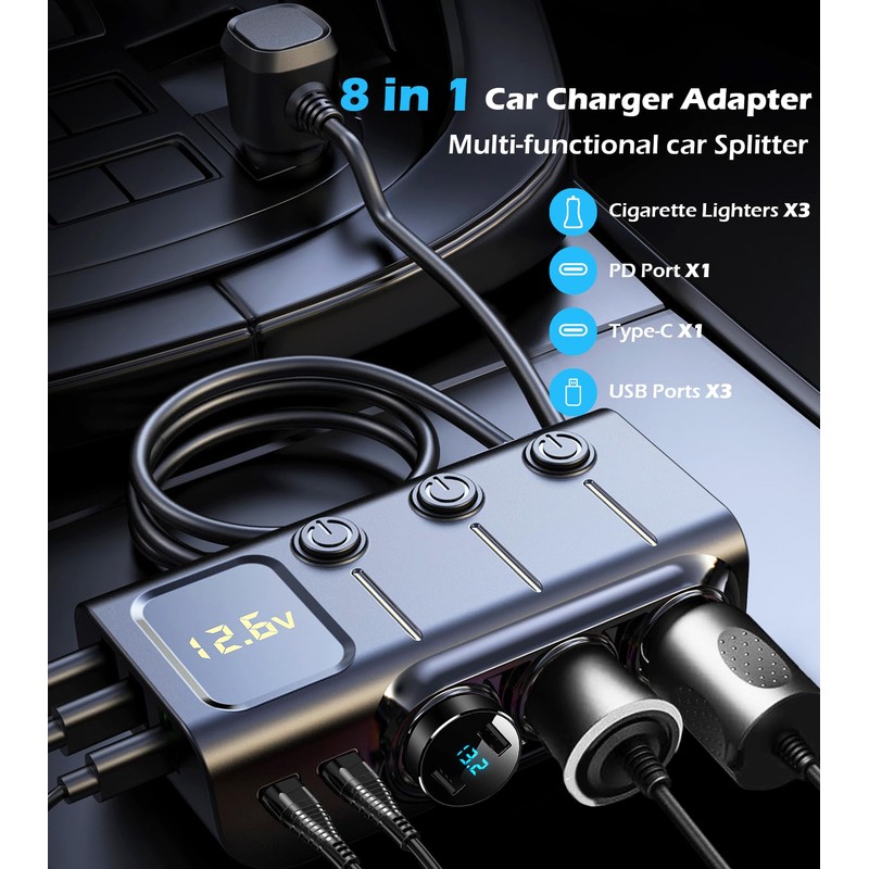 8 in 1Cigarette Lighter Splitter,LIHAN 3 Expander Socket Car Charger