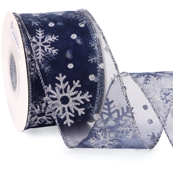 Ribbli Christmas Snowflake Glitter Wired Ribbon, 2-1/2 Inch x 20