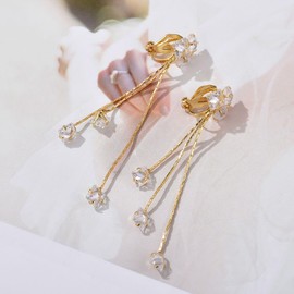 QUKE Gold Tone Cubic Zirconia Crystal Long Drop Dangle Non Pierced Ears Clip On Earrings for Women Girls