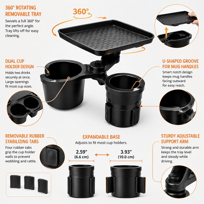 Car Cup Holder Tray for Road Trips – Adjustable Double