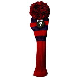 Majek #9 Hybrid Rescue Utility Red & Blue Golf Headcover Knit Pom Pom Retro Classic Vintage Head Cover