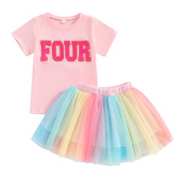 LYQTloml Toddler Kids Baby Girl Birthday Outfit Two/Three/Four/Five/Six Embroidery T-shirt Colorful Tutu Skirts Summer Clothes 2PCS