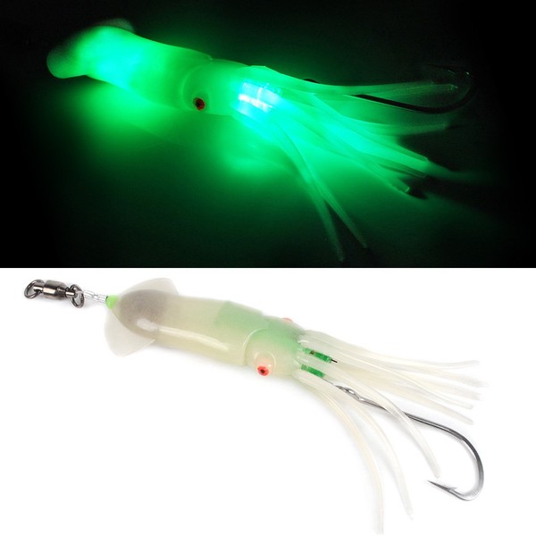 Dr.Fish Saltwater LED Fishing Squid Lure Trolling Baits Squid Jig Offshore Teaser Bait Deep Sea Light Flasher Deep Drop Light Tuna Halibut Rig Light Attractant Green 6in