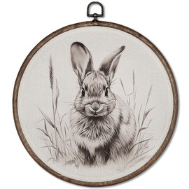 GWFSJYU Vintage Bunny Rabbit Framed Wall Art, Easter Farmhouse Bunnies Round Canvas Prints Wall Art, Rustic Rabbit Wall Hanging Decor for Bedroom Living Room, Bunny Lovers Gifts, 10”x10”inch