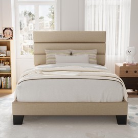 Allewie Twin Size Platform Bed Frame with Fabric Upholstered Headboard and Wooden Slats Support, Fully Upholstered Mattress Foundation/No Box Spring Needed/Easy Assembly, Beige