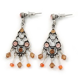 Vintage Inspired Pink/Citrine/Orange Beaded Drop Earrings In Silver Tone/45mm Long