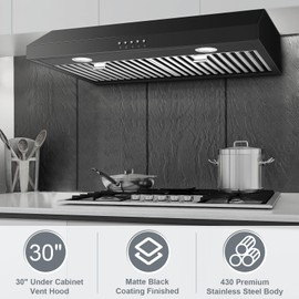 SNDOAS Under Cabinet Range Hood 30 inch,Black Range Hood with 430 Spray-Painted Stainless Steel,3-speed Fan & 700 CFM Kitchen Hood,Ducted/Ductless Range Hoods with 3-Venting,Baffle Filters