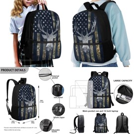 Suobstales Deer Camo American Flag Print 4 Pieces Backpack Sets Primary Schoolbag Travel Daypack Shoulder Bag Rucksack Knapsack Bookbag with Lunch Bag/Pencil Case/Water Bottle Sleeve for Boys Girls