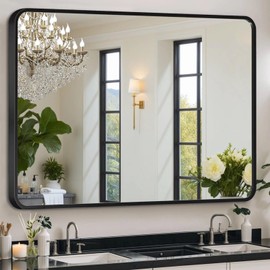 Black Framed Mirror for Bathroom Vanity,Wall Mounted Bathroom Mirrors for Over Sink,15x15in Brushed Rectangle Bedroom Mirror,Modern Decorative for Restroom,Farmhouse,Horizontally or Vertically Hanging