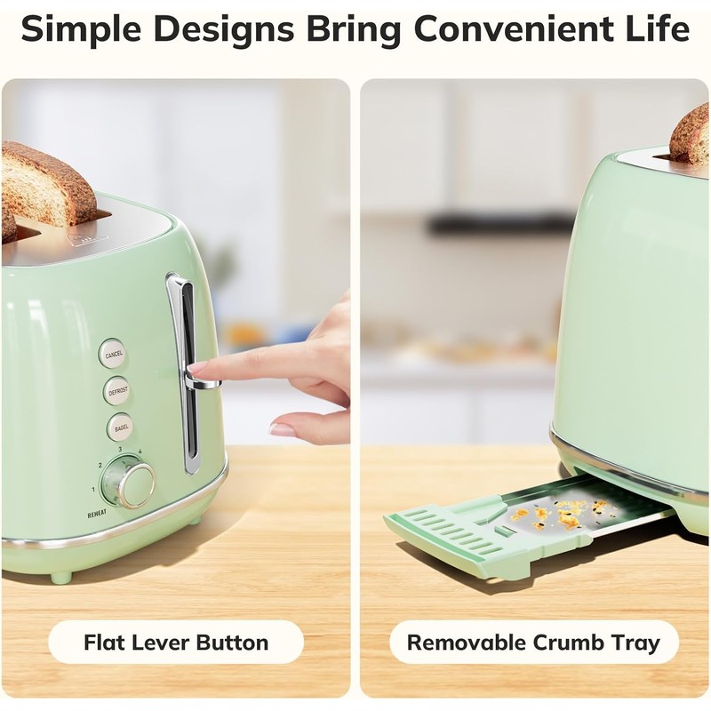 2 Slice Stainless Steel Toaster Retro with 6 Bread Shade