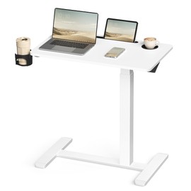 VASAGLE Overbed Table with Wheels, Mobile Standing Computer Desk, 27.6 x 15.7 Inches Tabletop, Adjustable Height, 2 Cup Holders, Phone and Tablet Slot, Cloud White ULSD600W01