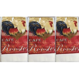3 pc KITCHEN COTTON PRINTED VELOUR TOWELS SET, RED CAFE ROOSTER by BH