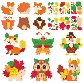 DIYASY 12 Pcs Fall Craft Kits for Kids, Cute Animals DIY Crafts Stickers Bulk Set Make Your Own Fall Animal Maple Leaves Stickers for Thanksgiving Party Classroom Game Activities Party Favors Supplies