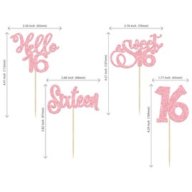 24 piezas de adornos para cupcakes de 16 cumpleaños con purpurina, Hello 16 Sweet 16 cupcakes, decoraciones de tartas de 16 años, para cumpleaños, boda, aniversario, fiesta, suministros de color rosa