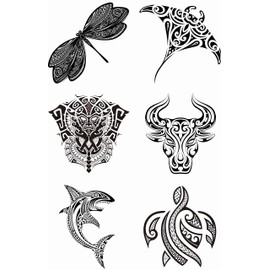 Dopetattoo 6 Sheets Maori Tattoo Temporary Tattoos for Men Adults Maori Tribal Stingray Taurus Ethnic Ox Zodiac Polynesian Turtles Shark Fish Dragonfly Exotic Insect Tattoos Women Neck Arm Chest Woman