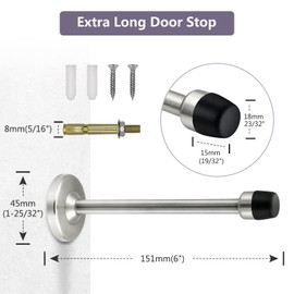 Wall Mounted Long Door Stop Heavy Duty Chrome Plated 6" Rubber Brushed Stainless Steel Extra Long Door Stop with Bumper Wall Protector Silver 2 Pack