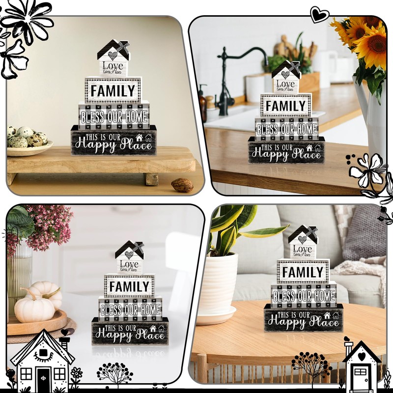4 Pcs Farmhouse Family Wooden Tiered Tray Decor Set, Rustic