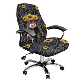Xorudoydet Highland Cattle Sunflower Leopard Print Office Chair Cover, Anti-Dust Chair Cover for Swivel Executive Office Chair Thick High Back Chair Slipcover with Elastic Bottom-L