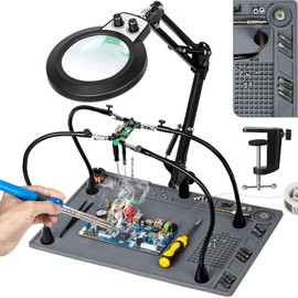 KUVRS Helping Hands Soldering Station, 10X Magnifying Glass with Light and Stand, Non-Slip Repair Mat Magnifying Lamp, Any Color Stepless Dimming LED Lighted Magnifier for Electronics Craft Model