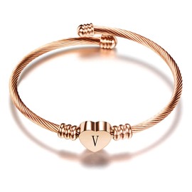 OutstandLong Initial V Letter Rose Gold Cuff Bracelet for Women Alphabet Heart Expandable Charm Bracelets