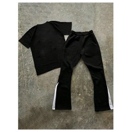 RoseSeek Men's Jogging Suits 2 Piece Set Short Sleeve Goth Graphic Tees and Flared Sweatpants Tracksuits Black X-Large