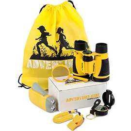 Adventure Kidz Outdoor Exploration Kit, Yellow Backpack, Binoculars, Magnifying Glass, Lensatic Compass, Fox Whistle for Boys and Girls