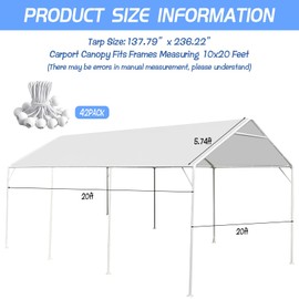 BOUTICOL 10 x 20 Ft Heavy Duty Carport Replacement Canopy Cover Waterproof & UV Protected Garage Top Tent Shelter Tarp Cover with 44 Ball Bungees Cords, White