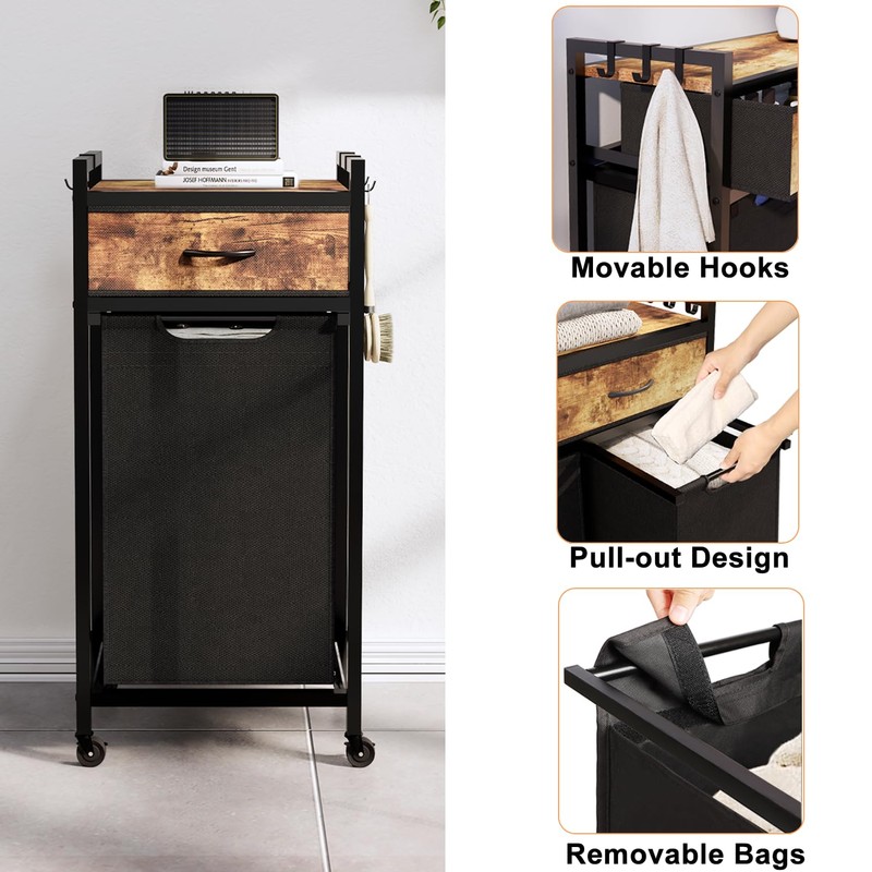 Timberer Laundry Hamper, Laundry Sorter, Rolling Laundry Basket with Drawer,