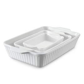 DOWAN Casserole Dishes for Oven, Baking Dishes Set, Ceramic Bakeware Sets of 3, Lasagna Pan Deep, Rectangular Baking Pan Set with Handles for Baking, Casserole, Kitchen, Wedding Gift, Soft White (15.6''/12.2''/8.9'')