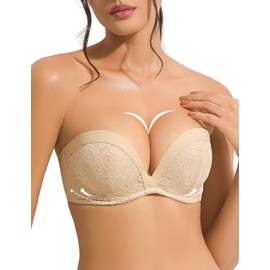 YANDW Push Up Strapless Bra Floral Lace Padded Add 2 Cups Multiway with Transparent Straps Underwire Strapless Bras, nude