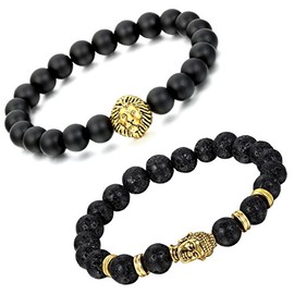 Aroncent 2pcs Buddha Bracelet Bangle Unisex Lava Bracelet Ball Bead Energy Therapy Bracelet Wood Metal Alloy Men Women I Buddha Head I Lion Head I Skull I Crowns I, Lava, energy stone, Without Stone