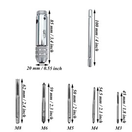 Tap, T-Handle Tap Cutter, Tool Holder with Sliding Handle, Ratchet Tap, Adjustable T-type Tap with 5 Pieces M3 M4 M5 M6 M8 3 mm-8 mm Machine Thread