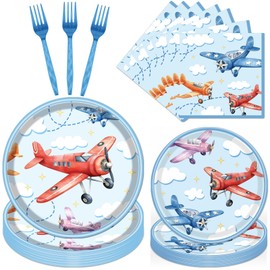 Rakuto Airplane Birthday Tableware Party Decorations, 96PCS Airplane Party Plates Napkins and Forks Supplies, Disposable Cartoon Airplane Baby Shower Decor Serves 24