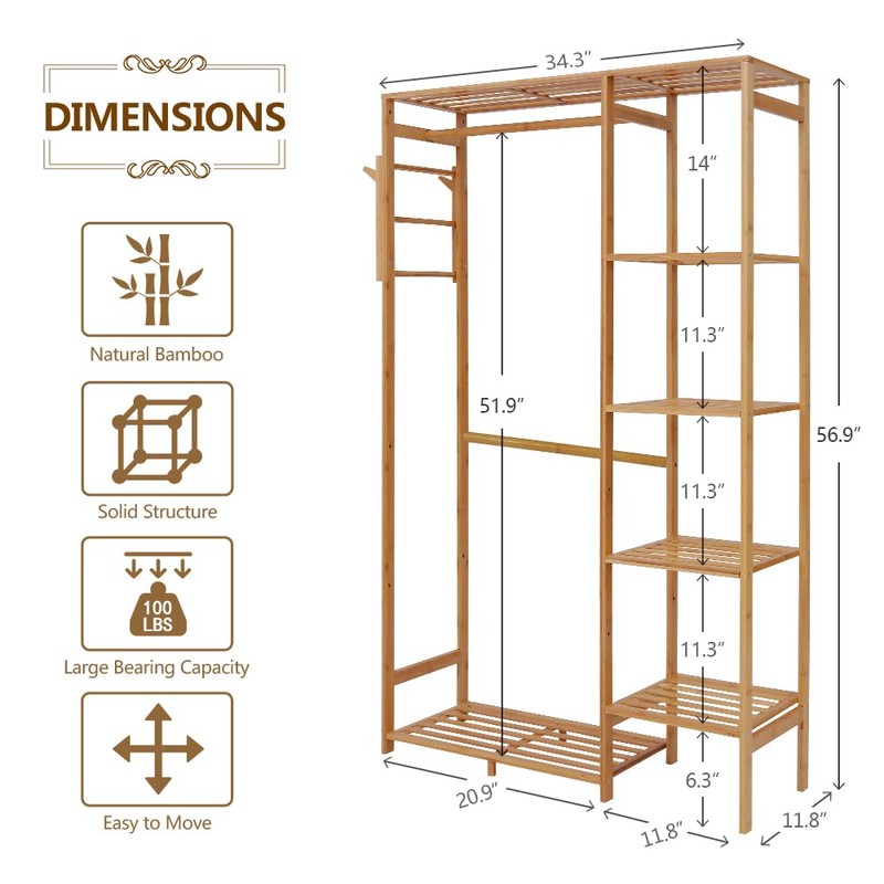 Ufine Bamboo Garment Rack 6 Tier Storage Shelves Clothes Hanging