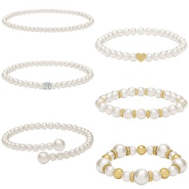 NEWITIN 6 Pieces Pearl Bracelets for Women Stackable Stretch Bracelet Set Pearl Beaded Bracelets Adjustable Multilayered Elastic Bracelets Trendy Dainty Jewelry for Women
