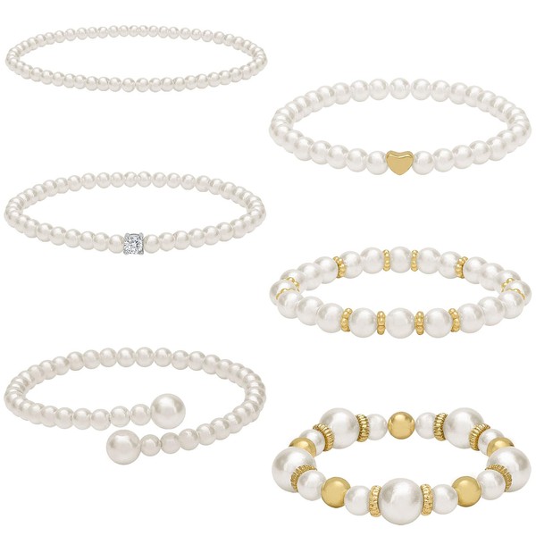 NEWITIN 6 Pieces Pearl Bracelets for Women Stackable Stretch Bracelet