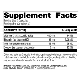 Bariatric Advantage Iron 45 mg with Vitamin C, Thiamin & Copper - Increased Absorption and Utilization - Easily Digestible for Bariatric Patients - 60 Count
