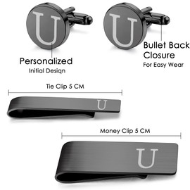 Morfetto 4Pcs Black Stainless Steel Engraved Initial Cufflinks and Tie Bar Money Clip Set Tie Clip with Gift Box for Best Man Groom Wedding Business Letter U