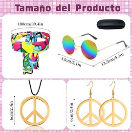 Disfraz Hippie de Los Años 60 y 70, 6 Piezas Conjunto de Hippie para Mujer, Traje Discoteca, con Diadema, Collar, Aretes y Gafas de Sol, Disfraz para Halloween