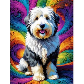 Old English Sheepdog DIY Diamond Painting Kits, Colorful Dog Full Drill Round Diamond Dots Paintings for Beginners 5D DIY Diamonds Pictures Gem Art Painting Set 12x16 inch