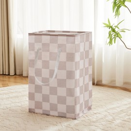 Ohocut Checkered Laundry Hamper, Pack of 2, Large Beige Khaki Collapsible Cloth Hampers Basket for Storage Organization Cute Aesthetic, 2 x 75L