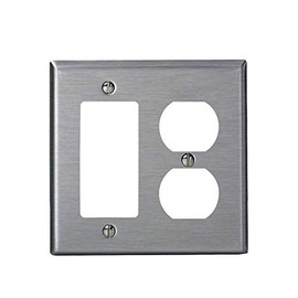 Leviton 2-Gang, 1-Decora, 1-Duplex Receptacle Stainless Steel Midway Wallplate, SJ826-40, Stainless Steel with Blue Plastic Cover