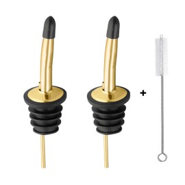 2 Pcs Liquor Pour Spouts, Stainless Steel Liquor Bottle Pourers with Rubber Dust Caps and Cleaning Brush,for Pours Liquid, Olive Oil, Wine(Gold)