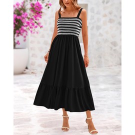 BTFBM Summer Midi Dresses for Women 2025 Sleeveless Square Neck Smocked Flowy Long Beach Vacation Sundress with Pocket(Black, Medium)